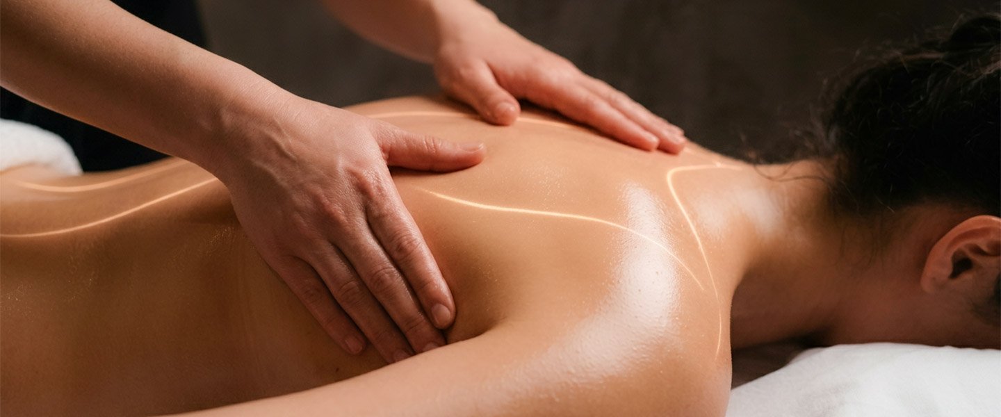 Therapist performing energy healing massage to unblock Qi energy and restore body balance.